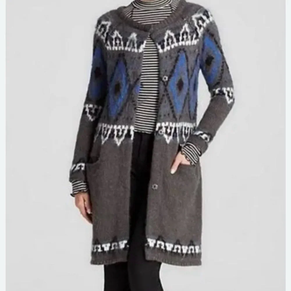 Free People Gray and Blue Geometric Cardigan 13% wool